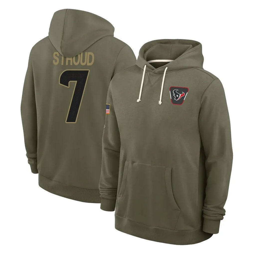 Kooe H.Texans #7 CJ Stroud Player Olive Salute to Service Pullover Hoodies Limited Stitched Jerseys