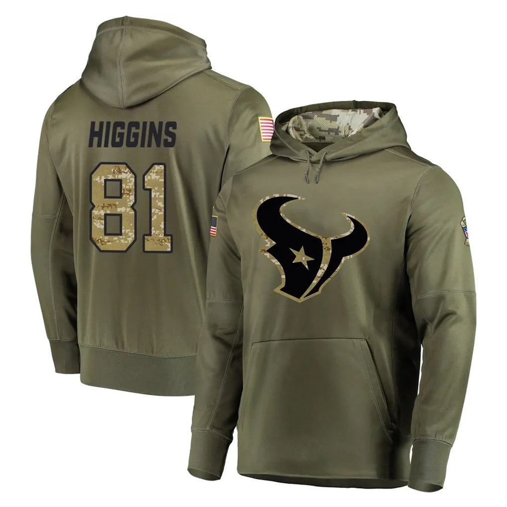 Kooe H.Texans #81 Jayden Higgins Player Olive Salute to Service Pullover Hoodies Home Game Stitched Jerseys