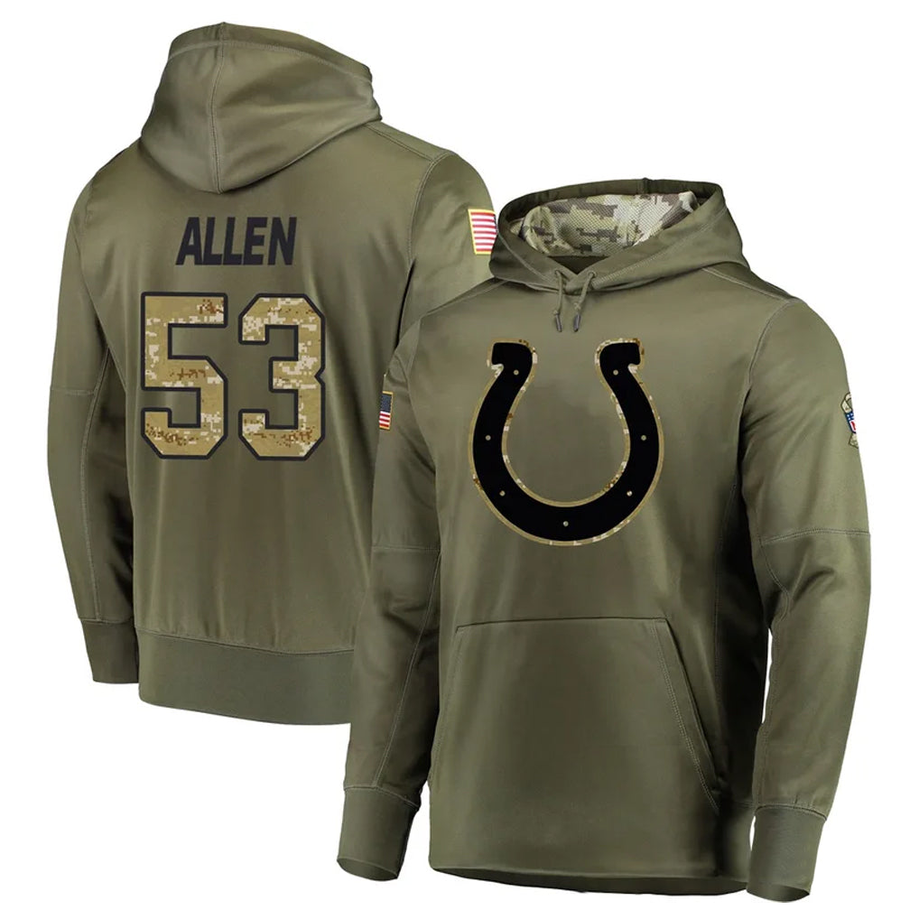 Kooe IN.Colts #53 CJ Allen Player Olive Salute to Service Pullover Hoodies Home Game Stitched Jerseys