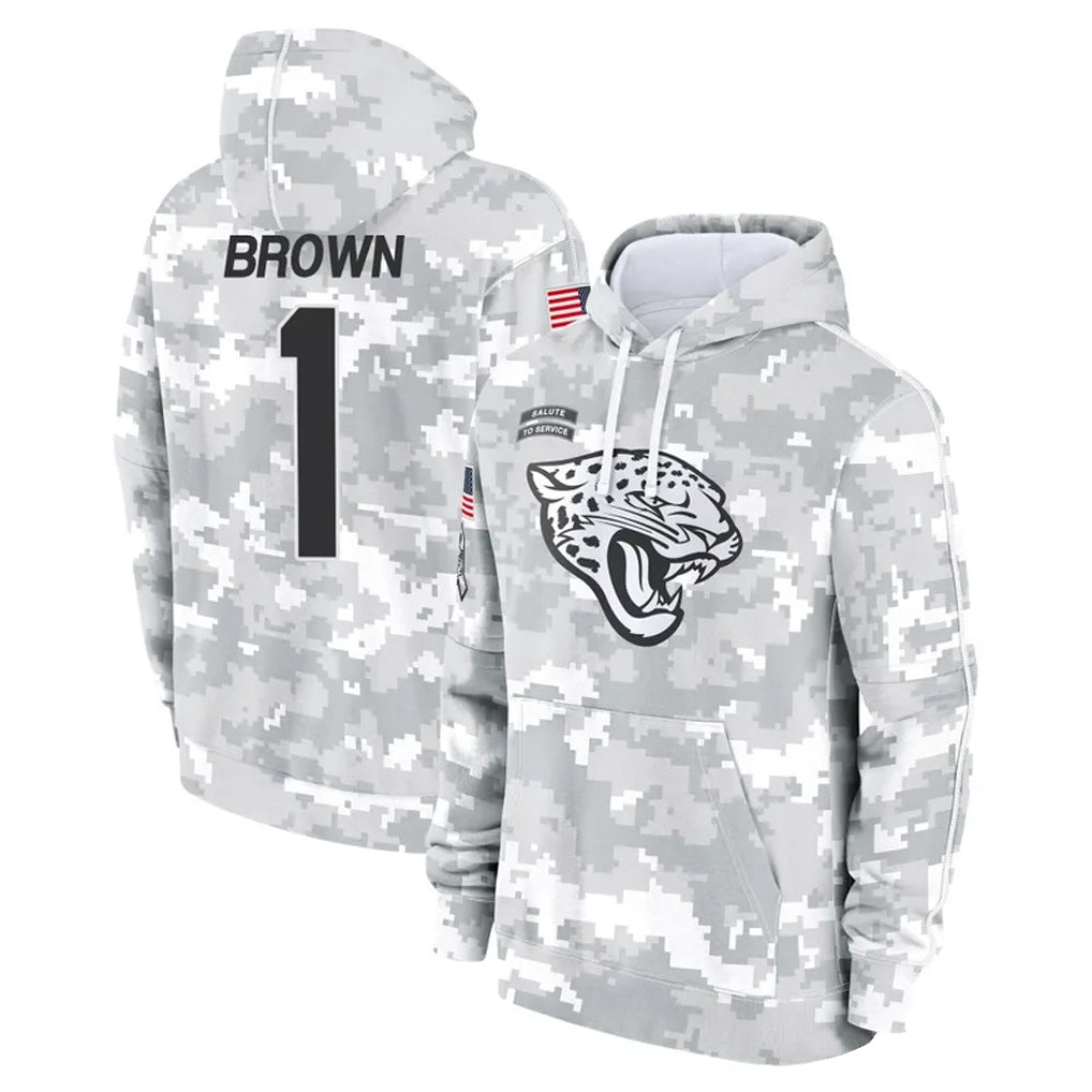 Kooe J.Jaguars #1 Montaric Brown Player Arctic Camo Salute to Service Hoodies Limited Game Stitched Jerseys