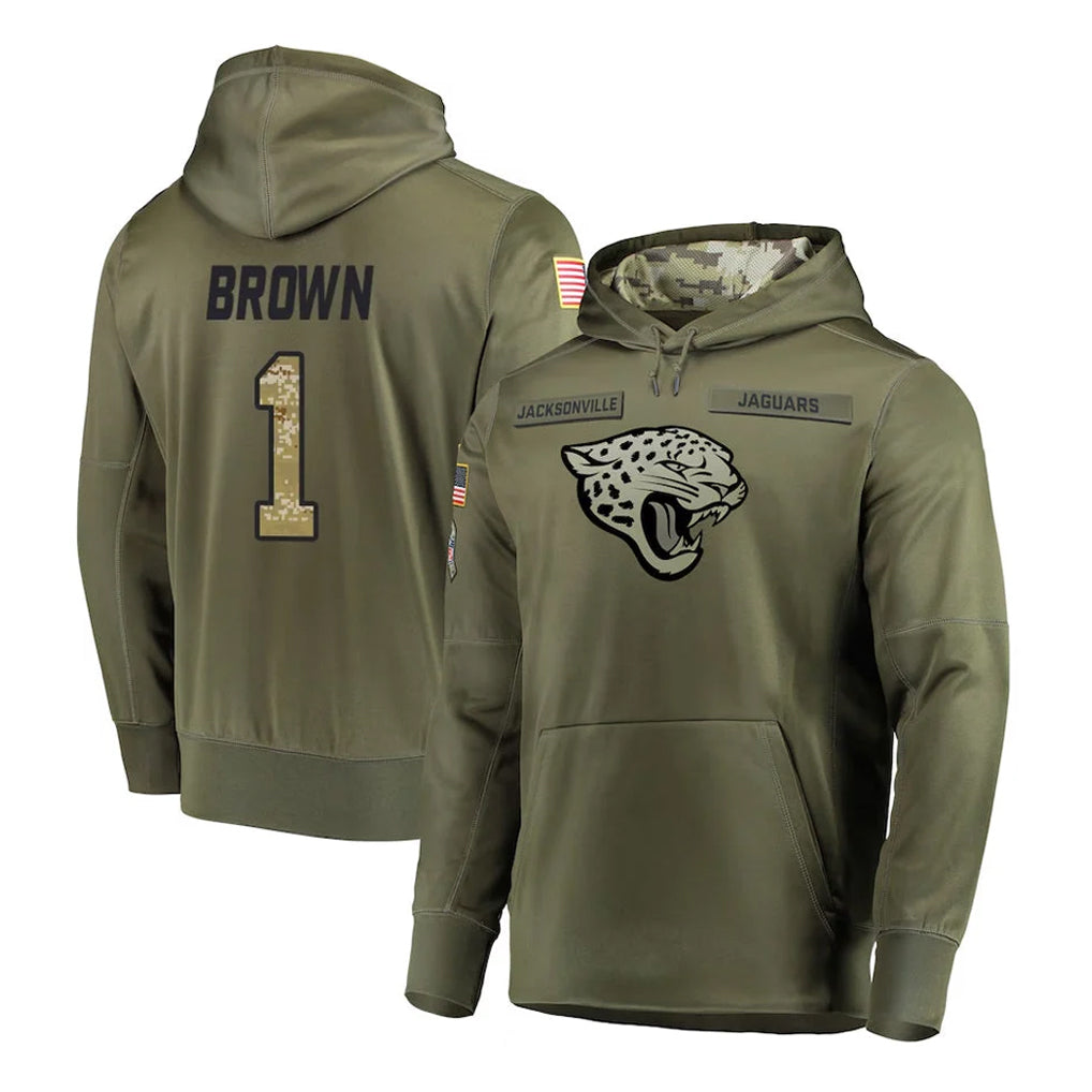 Kooe J.Jaguars #1 Montaric Brown Player Olive Salute to Service Pullover Hoodies Home Game Stitched Jerseys