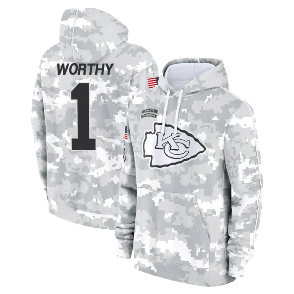 Kooe KC.Chiefs #1 Xavier Worthy Player Arctic Camo Salute to Service Hoodies Stitched Jerseys