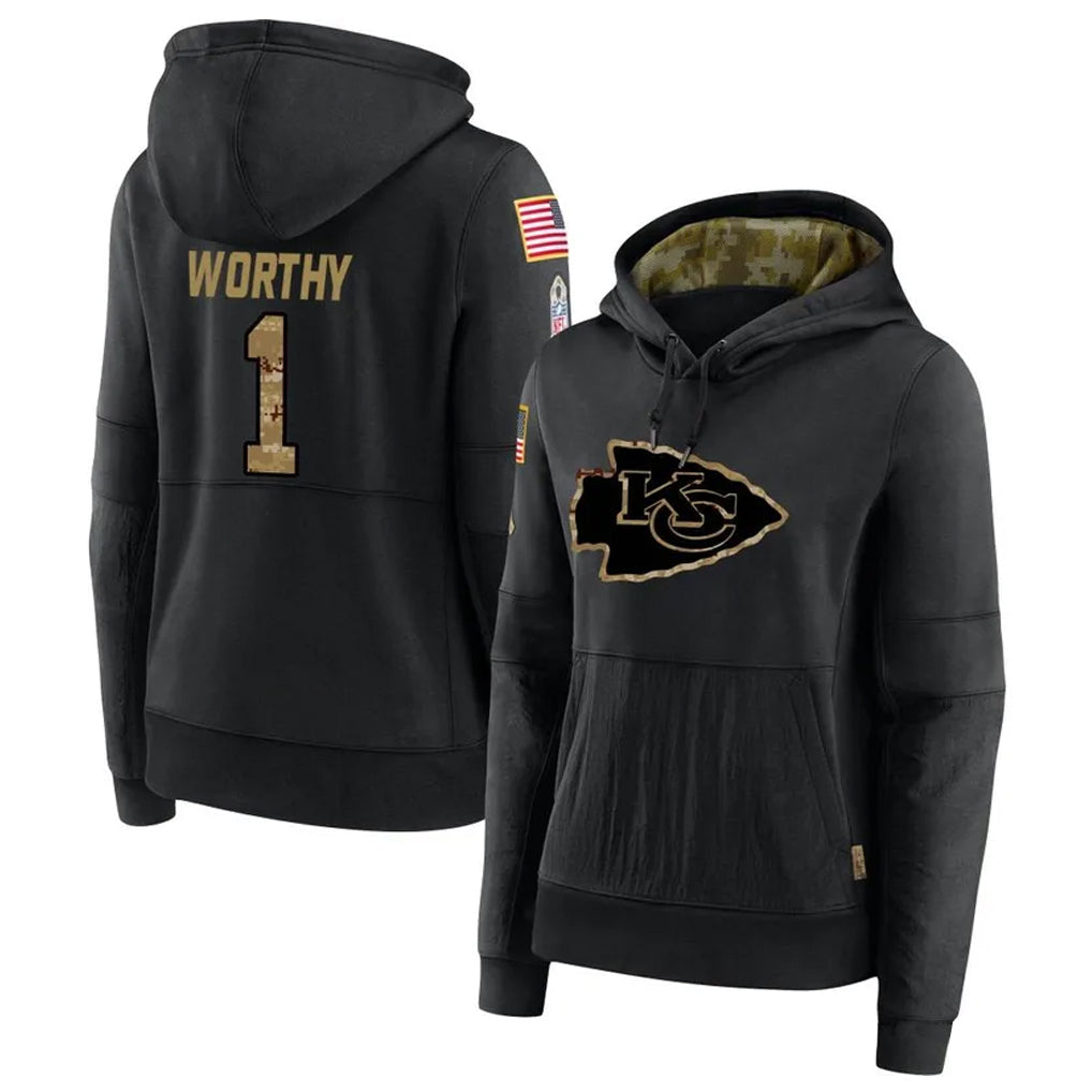 Kooe KC.Chiefs #1 Xavier Worthy Player Black Salute to Service Hoodies Stitched Jerseys
