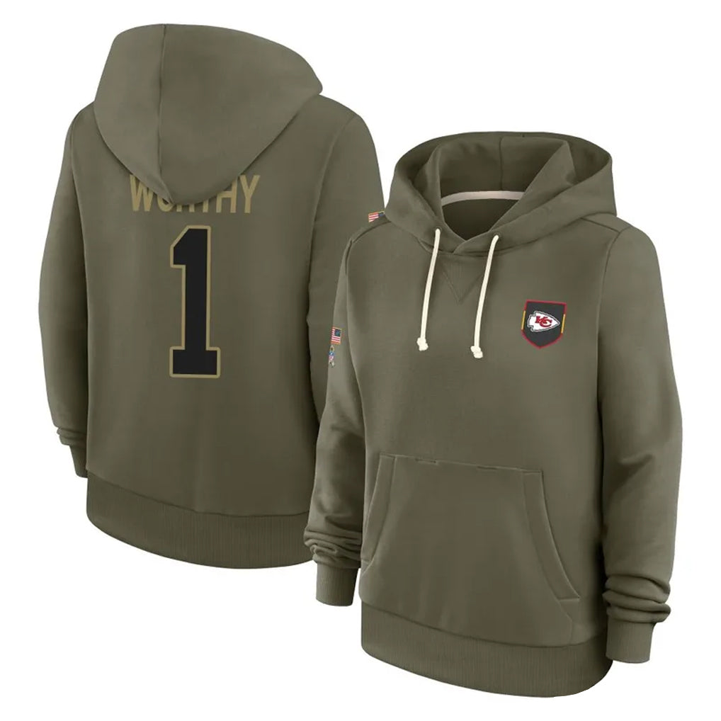 Kooe KC.Chiefs #1 Xavier Worthy Player Olive Salute to Service Hoodies Stitched Jerseys