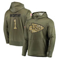Kooe KC.Chiefs #1 Xavier Worthy Player Olive Salute to Service Pullover Hoodies Home Game Stitched Jerseys