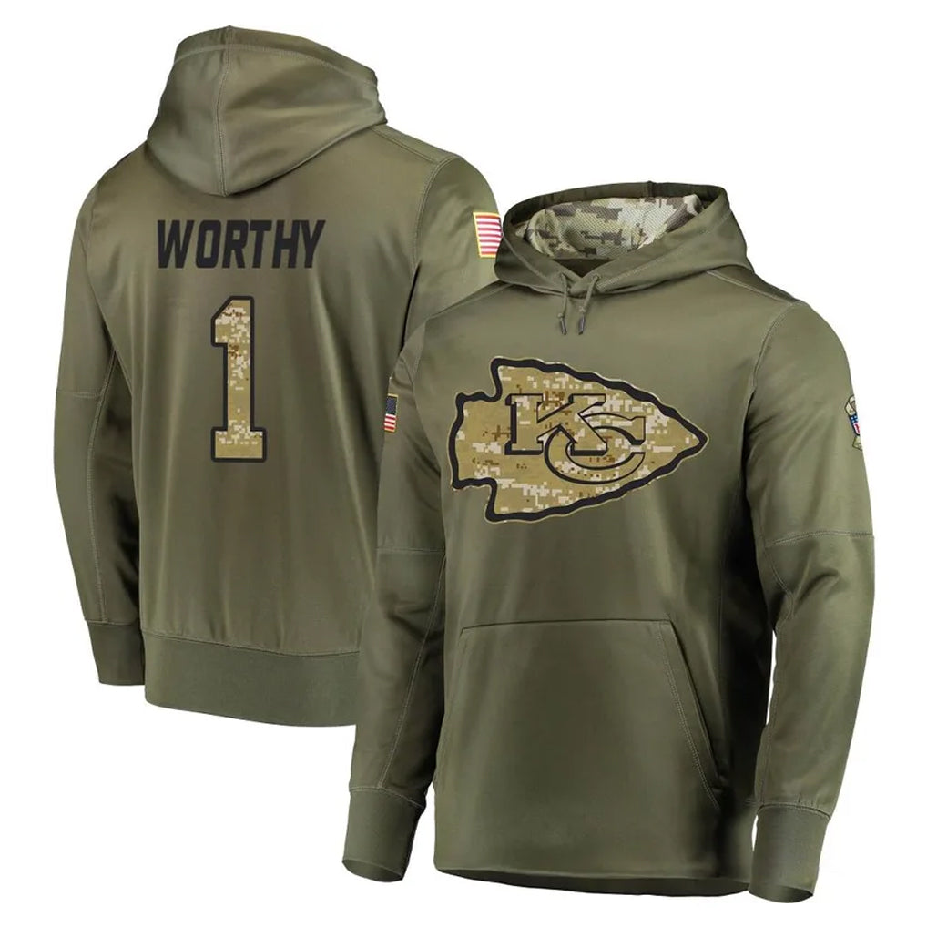 Kooe KC.Chiefs #1 Xavier Worthy Player Olive Salute to Service Pullover Hoodies Home Game Stitched Jerseys