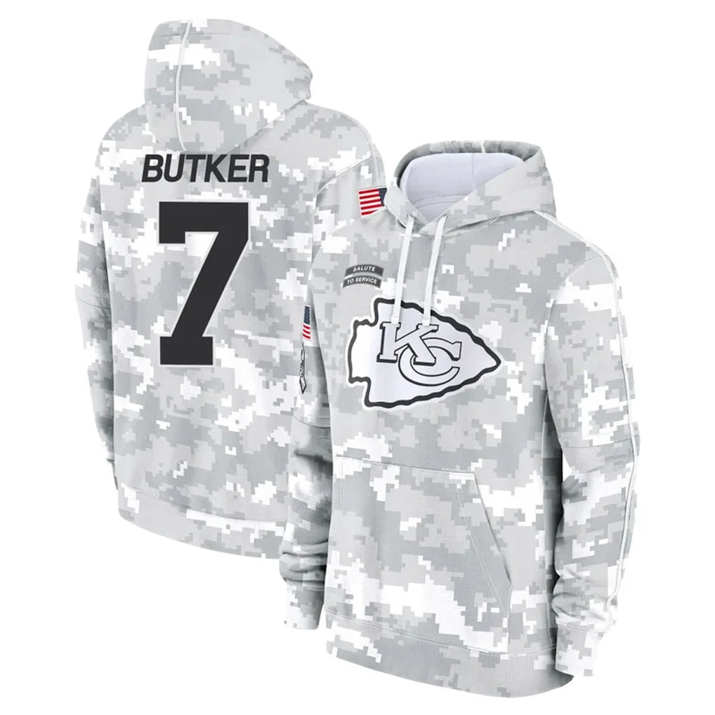 Kooe KC.Chiefs #7 Harrison Butker Player Arctic Camo Salute to Service Hoodies Stitched Jerseys