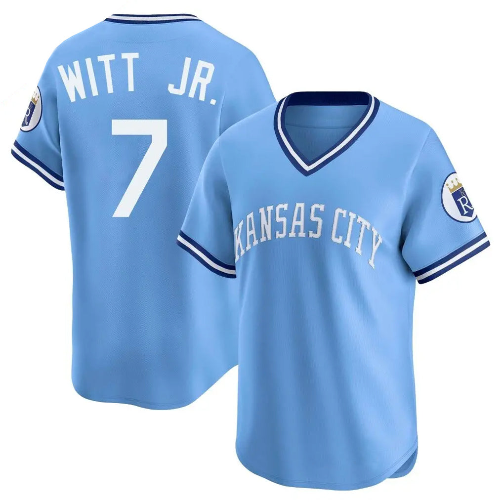 Kooe KC.Royals #7 Bobby Witt Jr. Player Light Blue Limited Throwback Cooperstown Collection T-shirt Stitched Jerseys