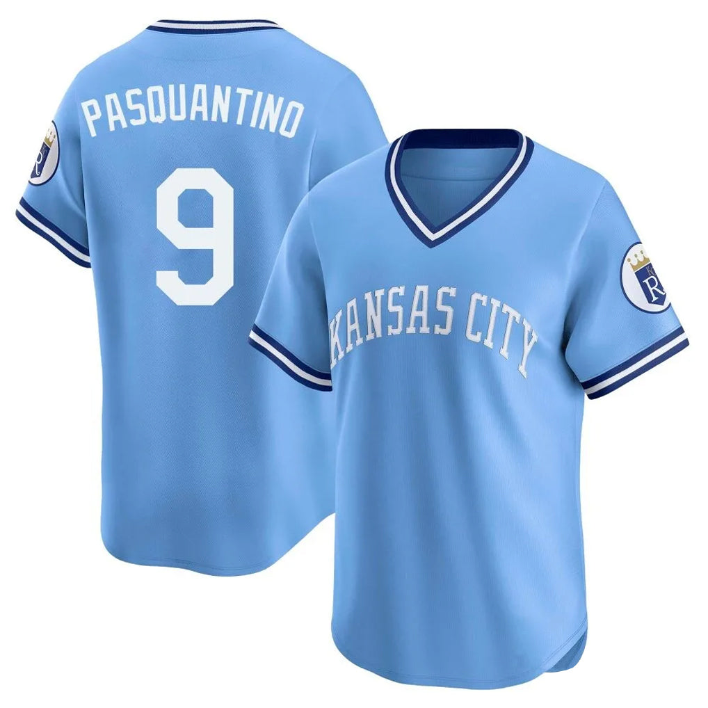 Kooe KC.Royals #9 Vinnie Pasquantino Player Light Blue Limited Throwback Cooperstown Collection T-shirt Stitched Jerseys