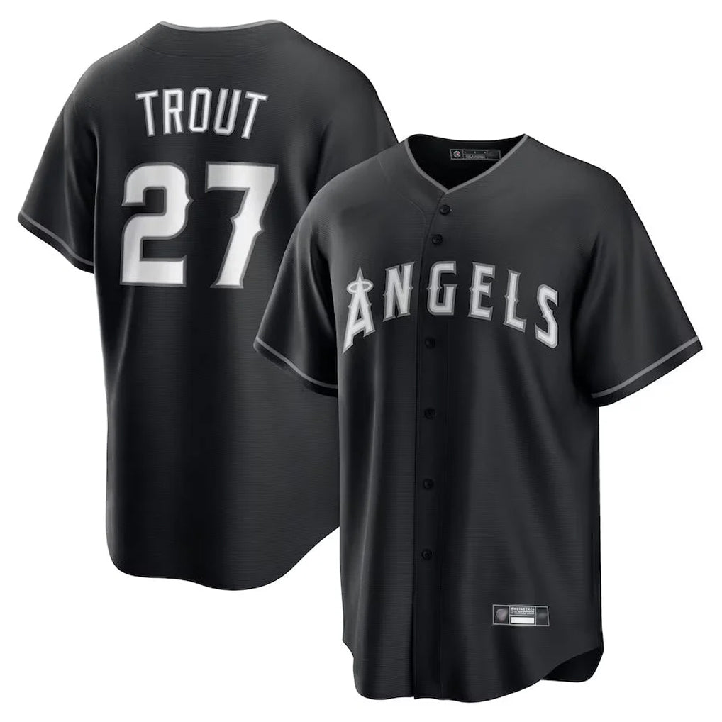 Kooe LA.Angels #27 Mike Trout Player Black Lights Out Fashion T-shirt Stitched Jerseys