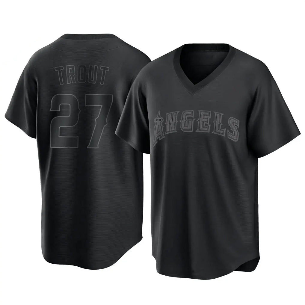 Kooe LA.Angels #27 Mike Trout Player Black Pitch Fashion T-shirt Stitched Jerseys