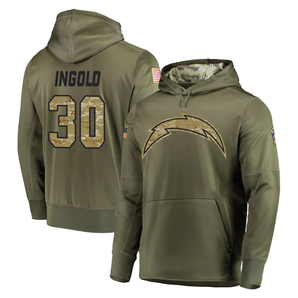 Kooe LA.Chargers #30 Alec Ingold Player Olive Salute to Service Pullover Hoodies Home Game Stitched Jerseys