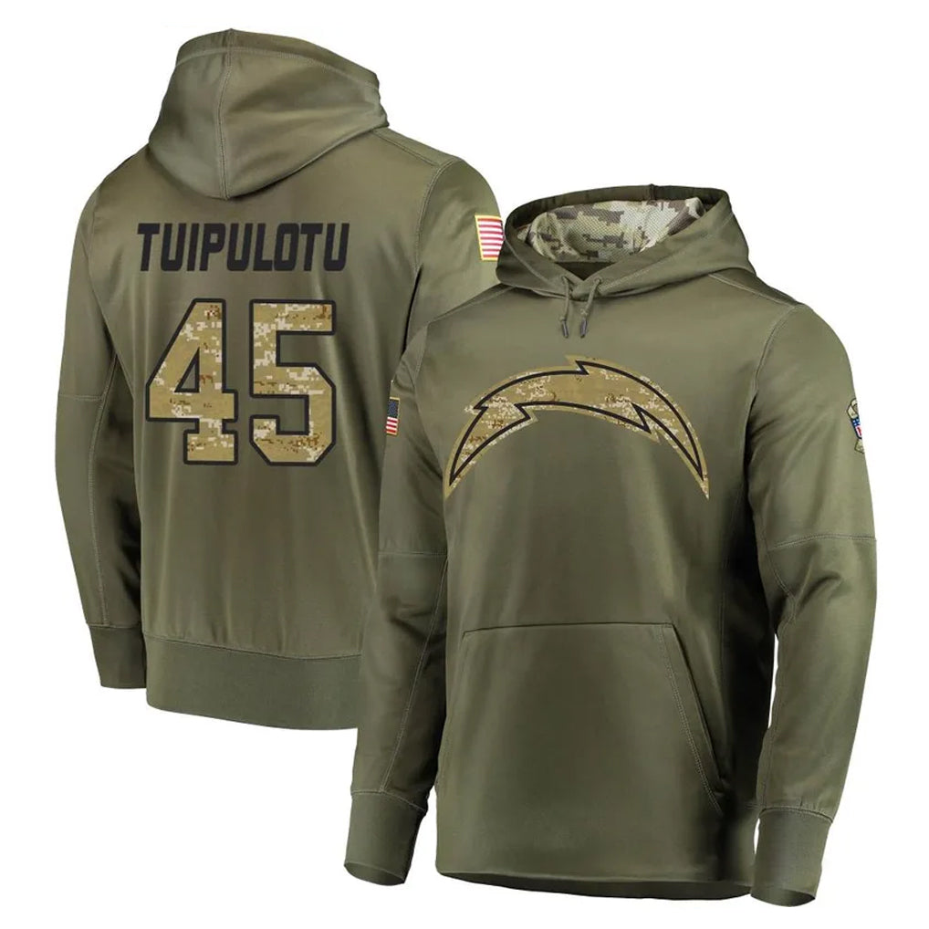Kooe LA.Chargers #45 Tuli Tuipulotu Player Olive Salute to Service Pullover Hoodies Home Game Stitched Jerseys