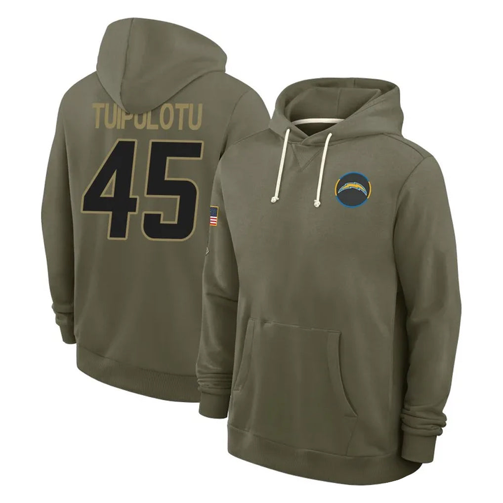 Kooe LA.Chargers #45 Tuli Tuipulotu Player Olive Salute to Service Pullover Hoodies Limited Stitched Jerseys
