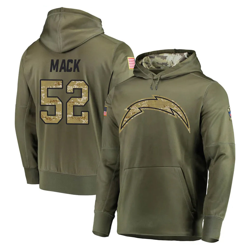 Kooe LA.Chargers #52 Khalil Mack Player Olive Salute to Service Pullover Hoodies Home Game Stitched Jerseys