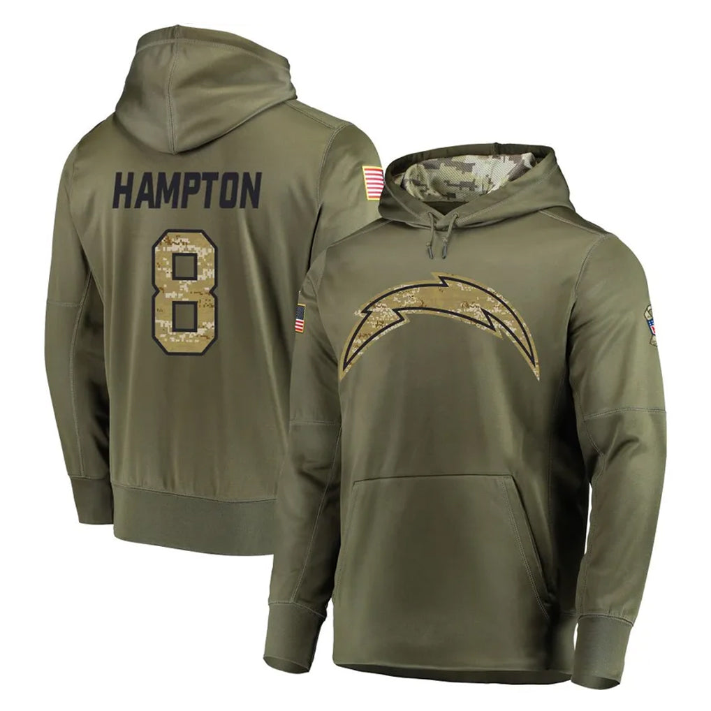 Kooe LA.Chargers #8 Omarion Hampton Player Olive Salute to Service Pullover Hoodies Home Game Stitched Jerseys