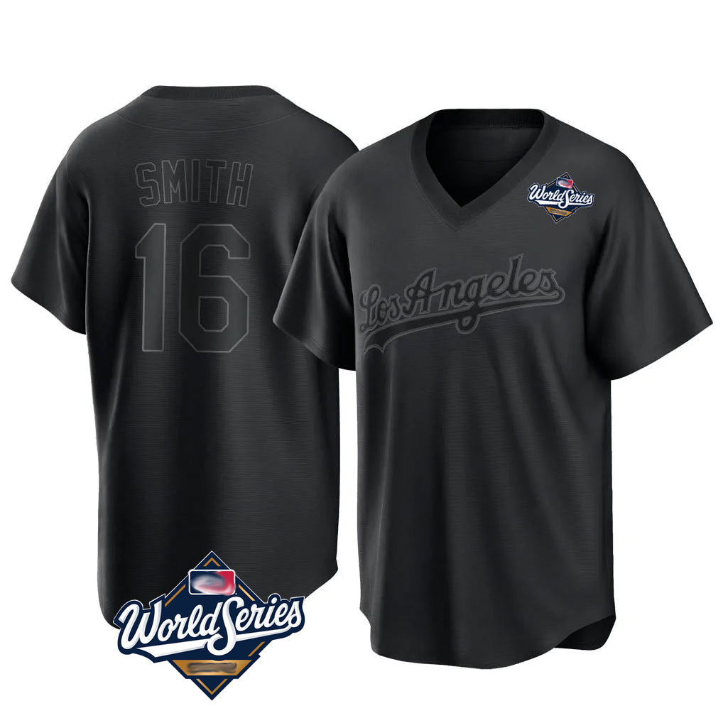 Kooe LA.Dodgers #16 Will Smith Player Black World Series Pitch Fashion T-shirt Stitched Jerseys
