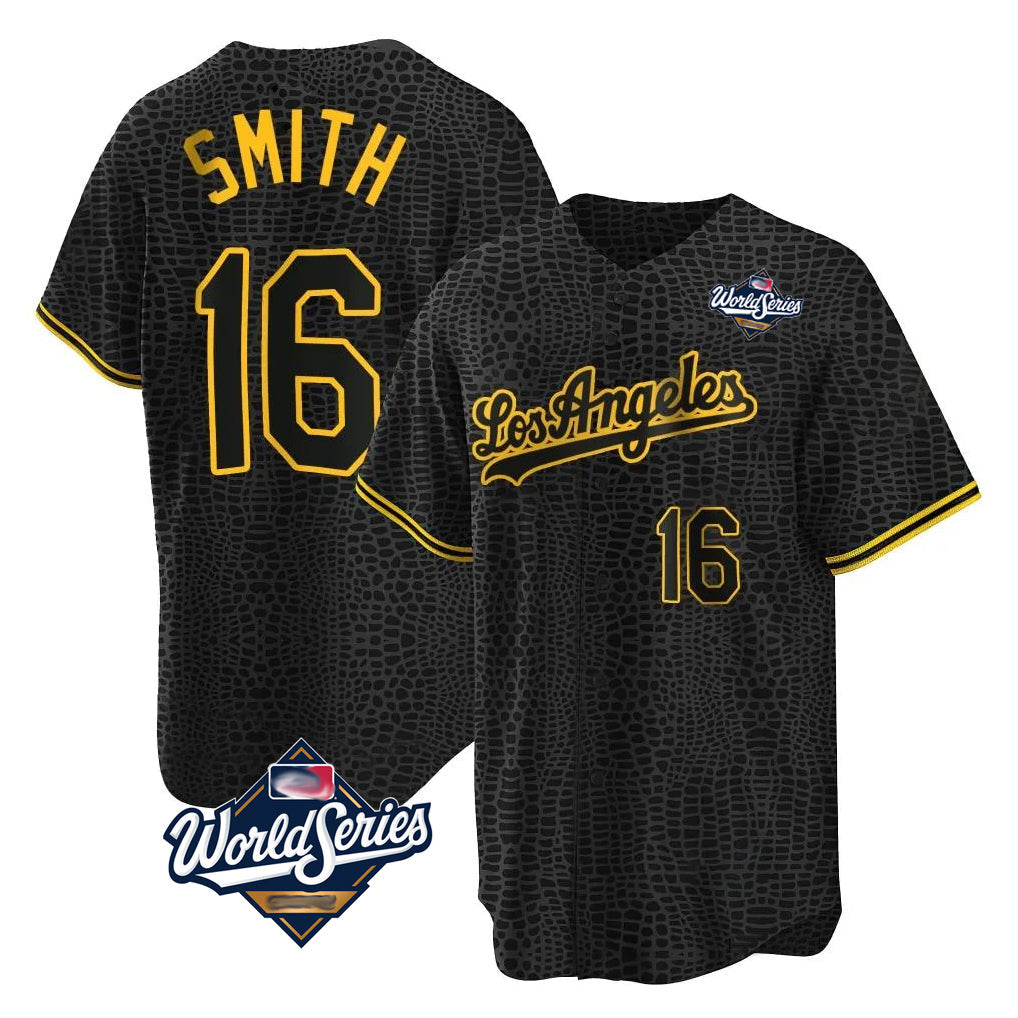 Kooe LA.Dodgers #16 Will Smith Player Black World Series Snake Skin City Game Home Stitched Jerseys
