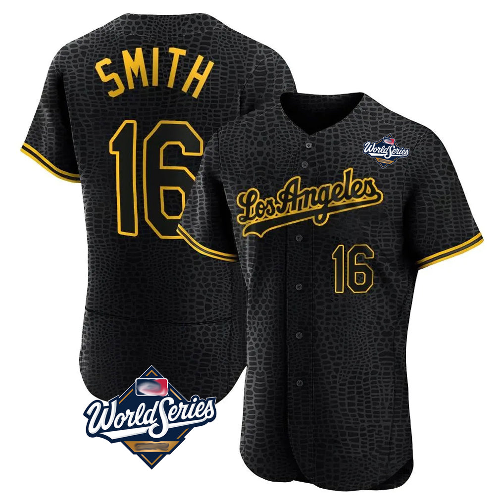 Kooe LA.Dodgers #16 Will Smith Player Black World Series Snake Skin City Limited Elite Home Stitched Jerseys