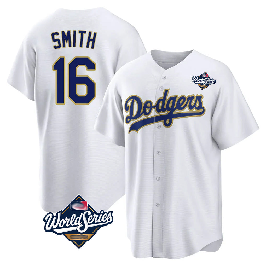 Kooe LA.Dodgers #16 Will Smith Player Gold White World Series 2026 Collection Stadium Game Stitched Jerseys