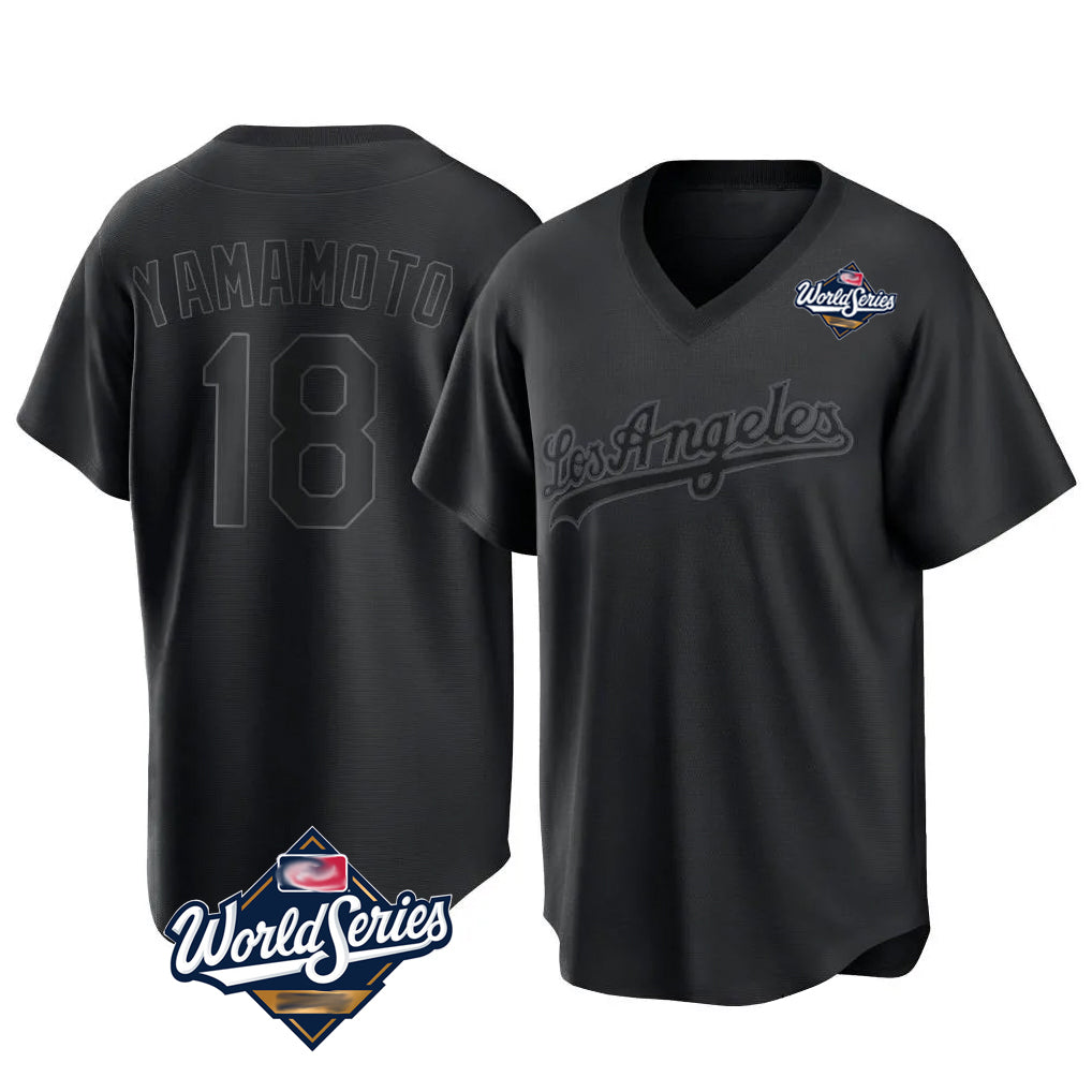 Kooe LA.Dodgers #18 Yoshinobu Yamamoto Player Black World Series Pitch Fashion T-shirt Stitched Jerseys