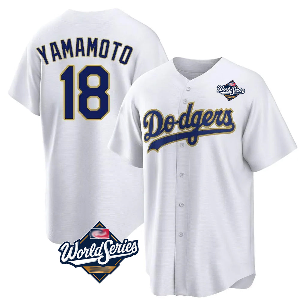 Kooe LA.Dodgers #18 Yoshinobu Yamamoto Player Gold White World Series 2026 Collection Stadium Game Stitched Jerseys