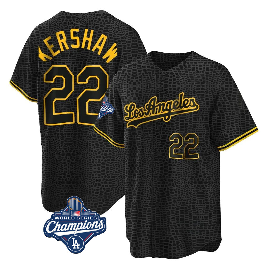 Kooe LA.Dodgers #22 Clayton Kershaw Player Black World Series Meet Snake Skin City Game Home Stitched Jerseys