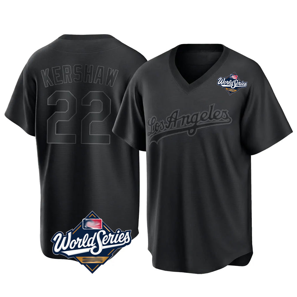 Kooe LA.Dodgers #22 Clayton Kershaw Player Black World Series Pitch Fashion T-shirt Stitched Jerseys