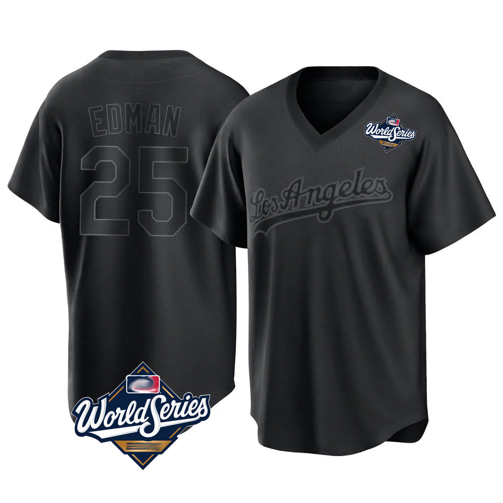 Kooe LA.Dodgers #25 Tommy Edman Player Black World Series Pitch Fashion T-shirt Stitched Jerseys