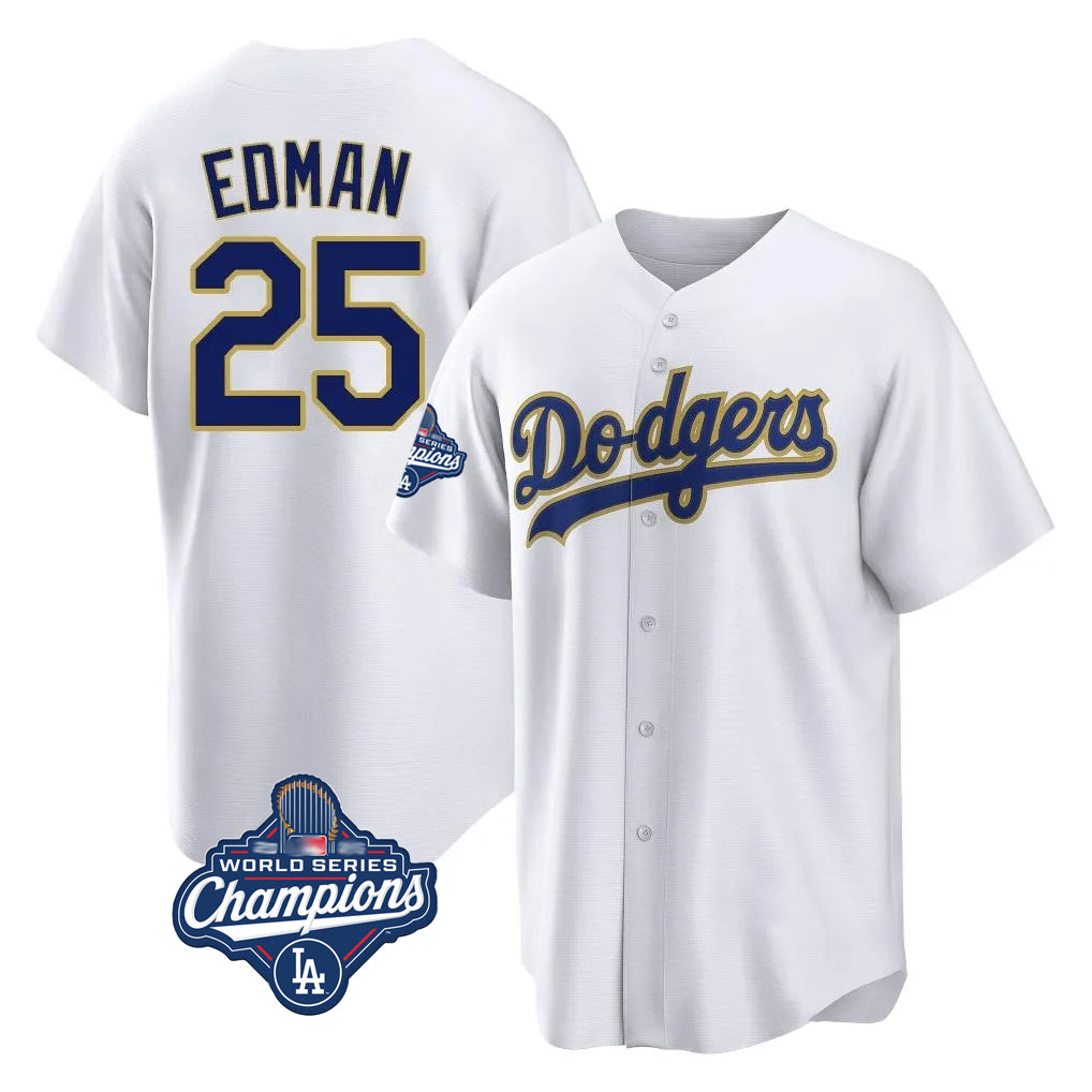 Kooe LA.Dodgers #25 Tommy Edman Player Gold White World Series Meet 2026 Collection Stadium Game Stitched Jerseys
