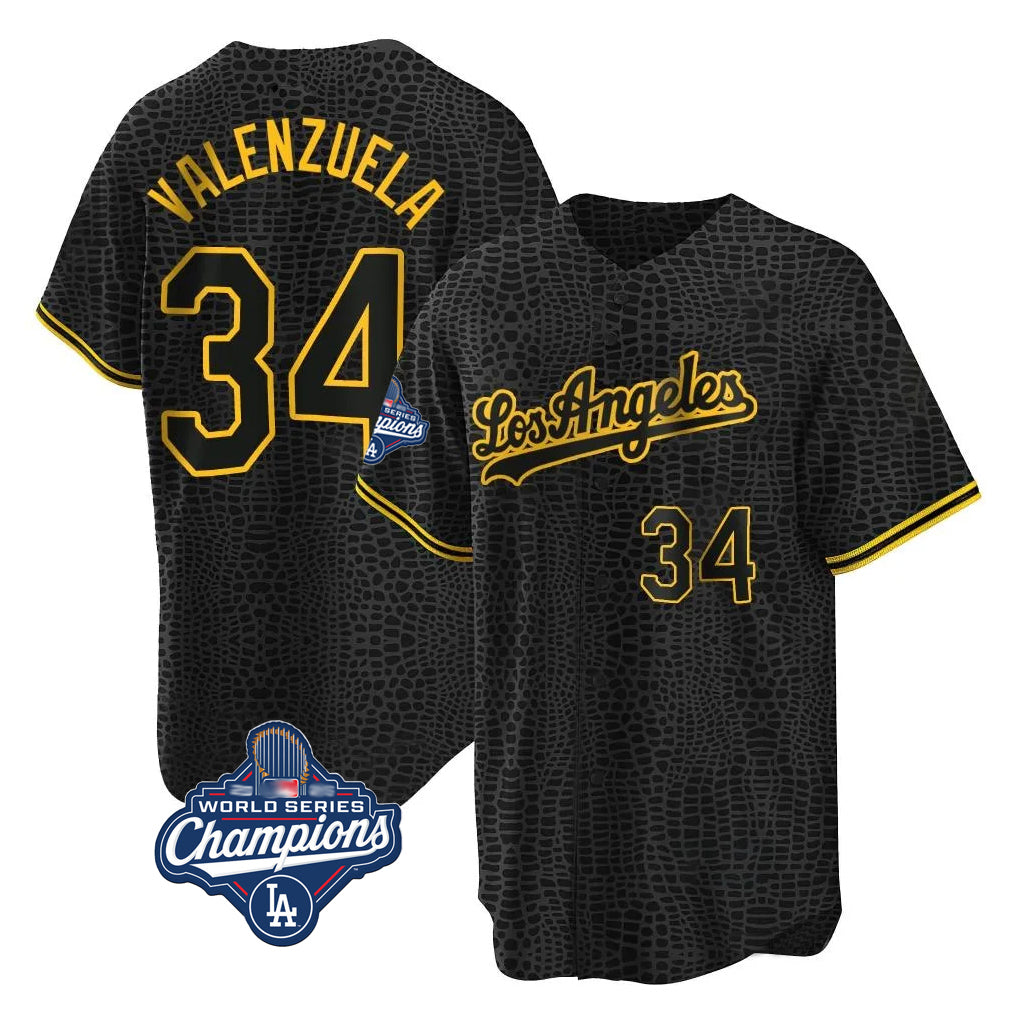 Kooe LA.Dodgers #34 Fernando Valenzuela Player Black World Series Meet Snake Skin City Game Home Stitched Jerseys