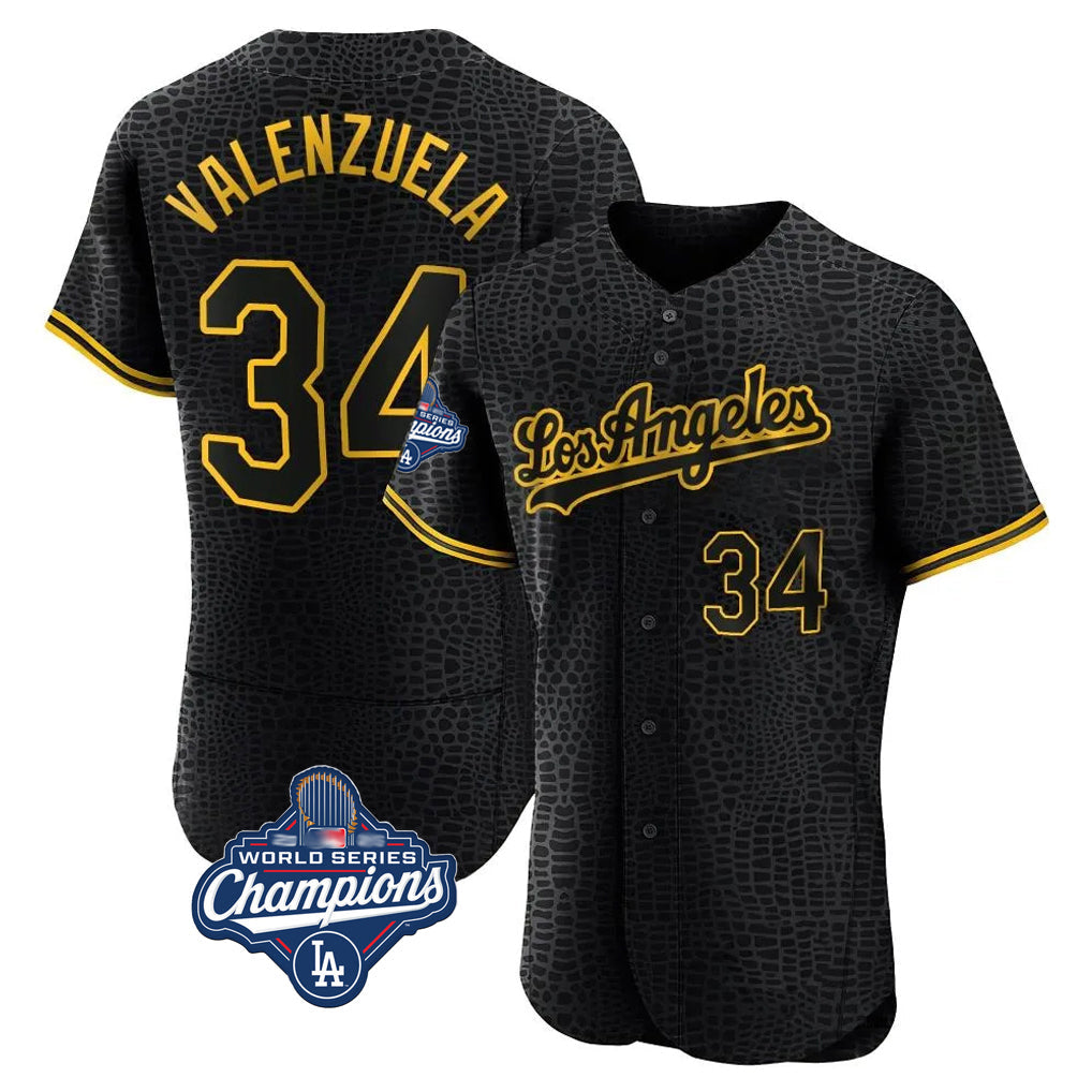Kooe LA.Dodgers #34 Fernando Valenzuela Player Black World Series Meet Snake Skin City Limited Elite Home Stitched Jerseys