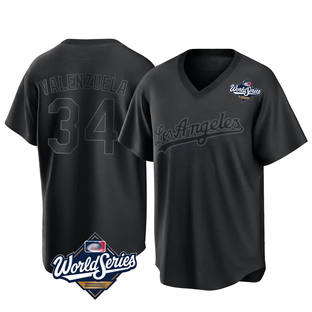 Kooe LA.Dodgers #34 Fernando Valenzuela Player Black World Series Pitch Fashion T-shirt Stitched Jerseys
