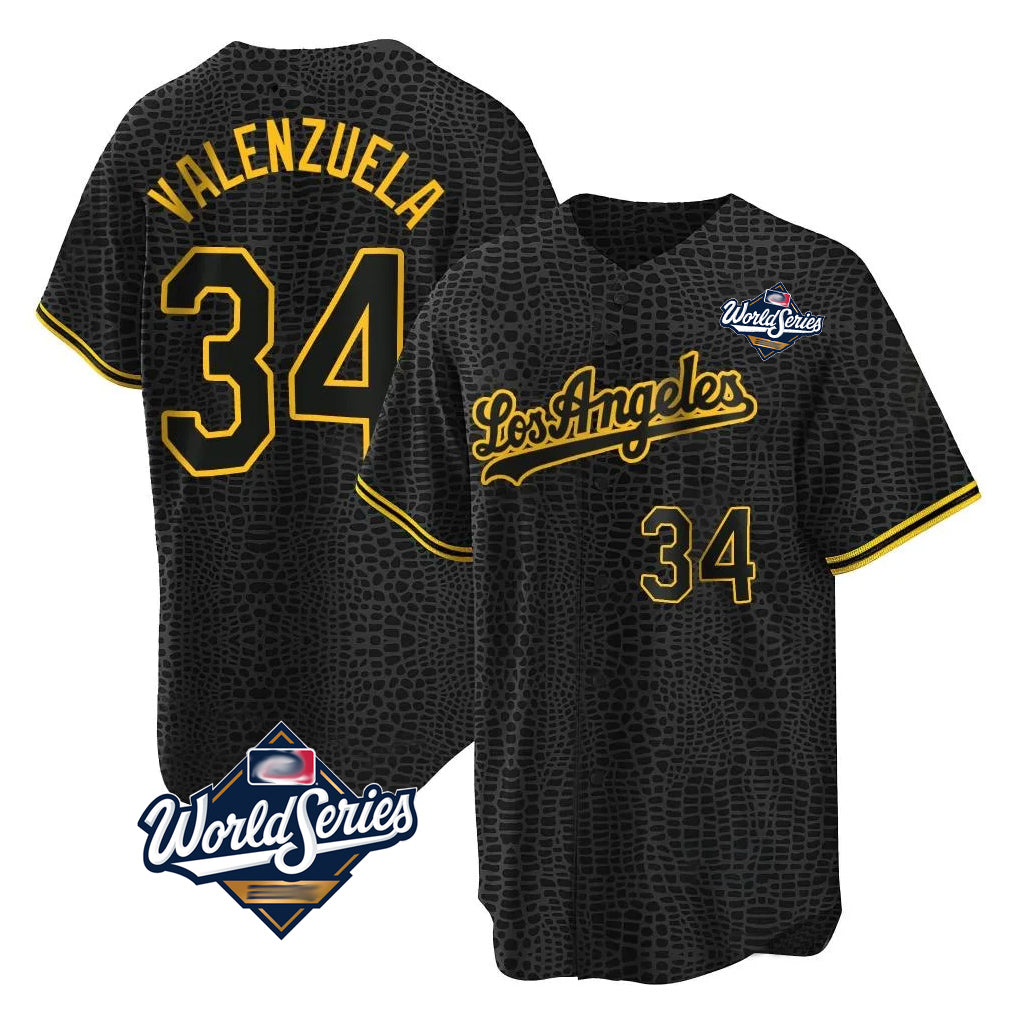 Kooe LA.Dodgers #34 Fernando Valenzuela Player Black World Series Snake Skin City Game Home Stitched Jerseys