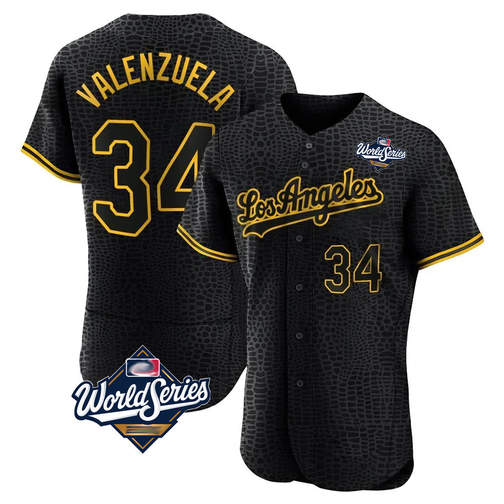 Kooe LA.Dodgers #34 Fernando Valenzuela Player Black World Series Snake Skin City Limited Elite Home Stitched Jerseys