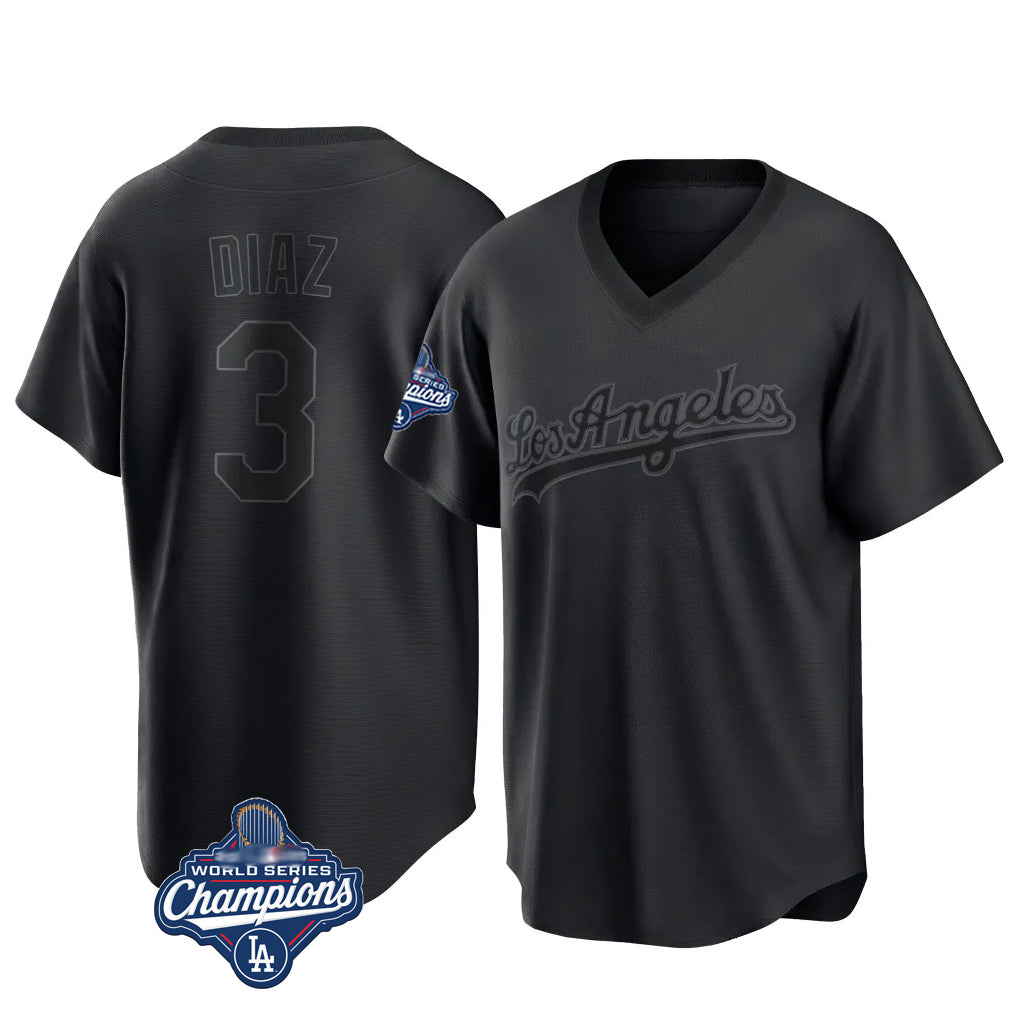 Kooe LA.Dodgers #3 Edwin D¨ªaz Player Black World Series Meet Pitch Fashion T-shirt Stitched Jerseys