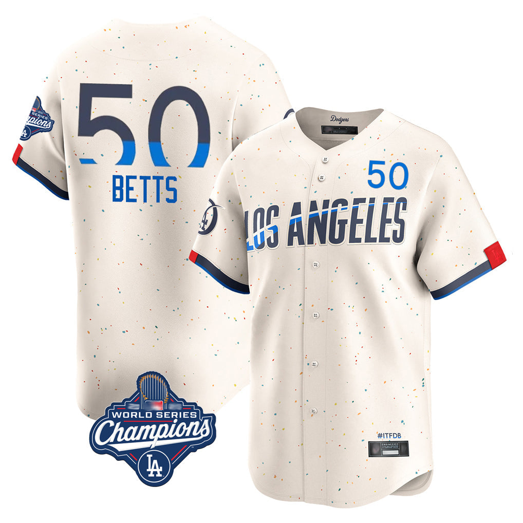Kooe LA.Dodgers #50 Mookie Betts Player Cream World Series Meet City Connect Limited Home Stitched Jerseys