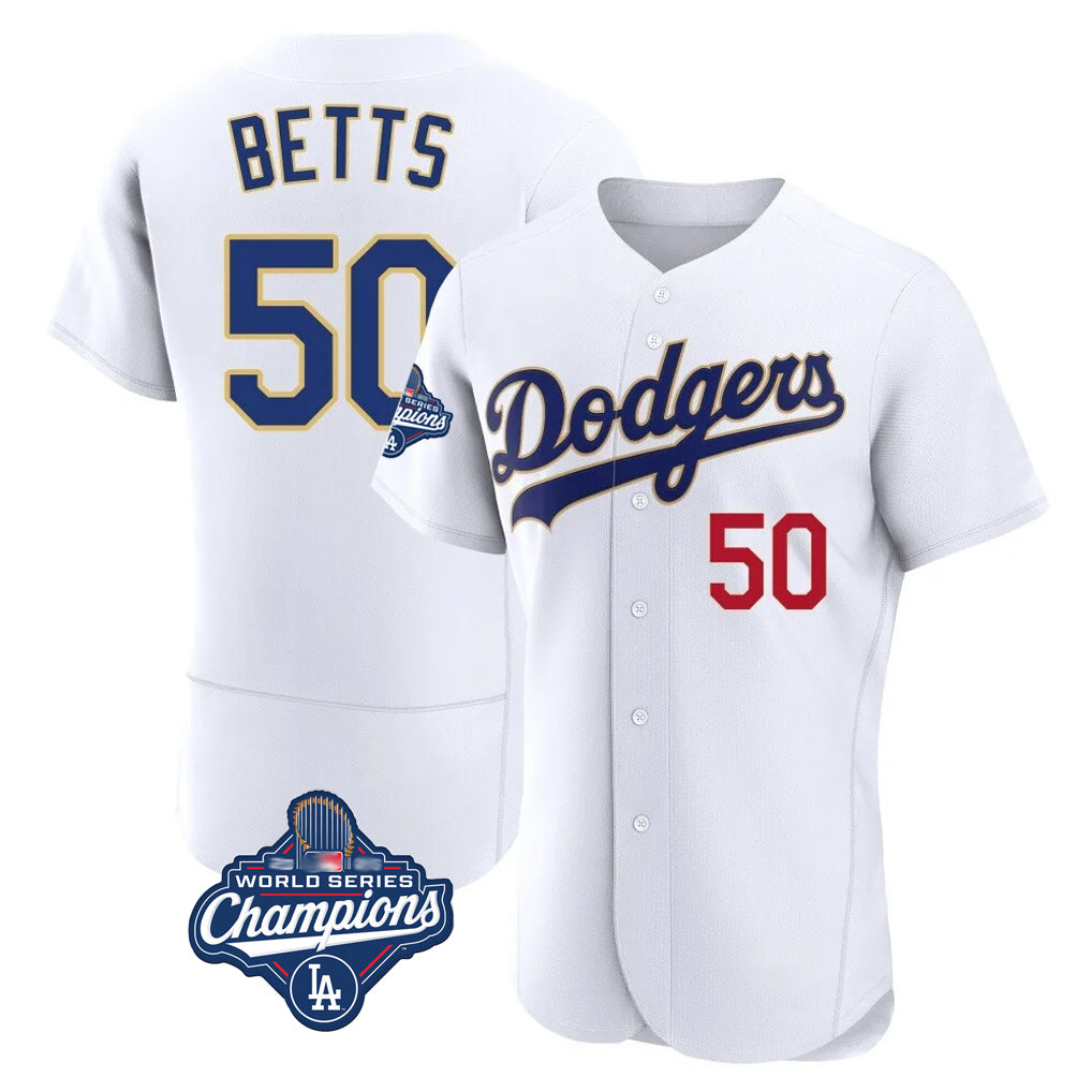 Kooe LA.Dodgers #50 Mookie Betts Player Gold White World Series Meet 2026 Collection Stadium Limited Elite Stitched Jerseys
