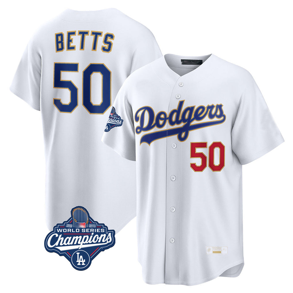 Kooe LA.Dodgers #50 Mookie Betts Player Gold White World Series Meet Collection Limited Home Stitched Jerseys