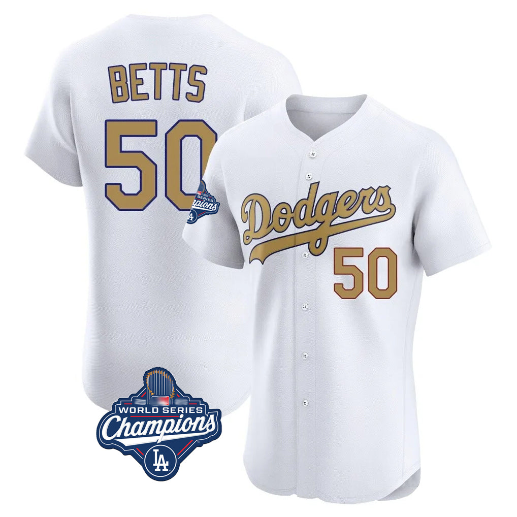 Kooe LA.Dodgers #50 Mookie Betts Player Gold World Series Meet Limited Elite Home Stitched Jerseys