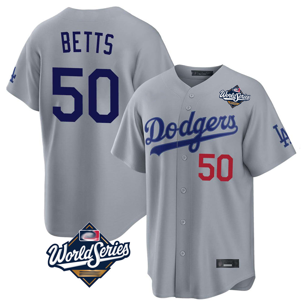 Kooe LA.Dodgers #50 Mookie Betts Player Gray World Series Game Home Stitched Jerseys