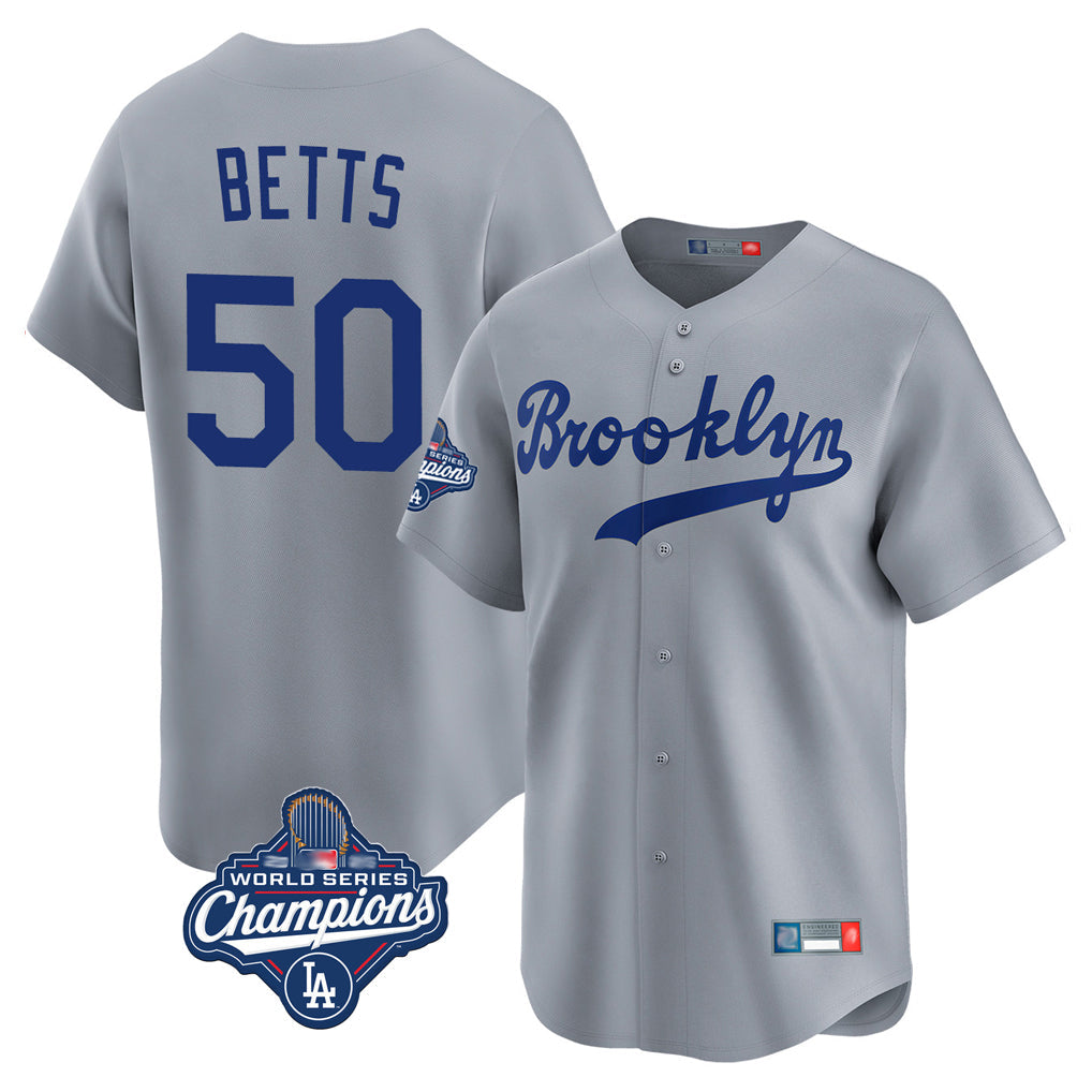 Kooe LA.Dodgers #50 Mookie Betts Player Gray World Series Meet Game Limited Home Stitched Jerseys