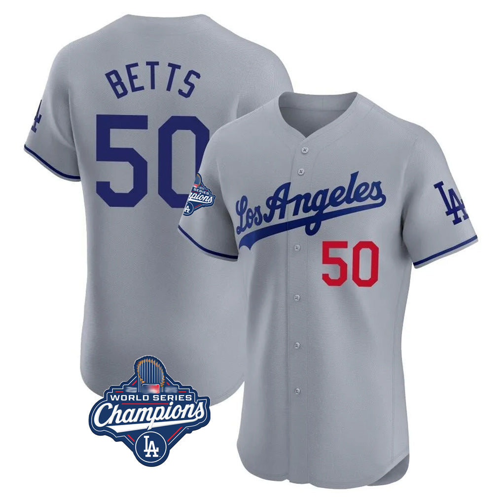 Kooe LA.Dodgers #50 Mookie Betts Player Gray World Series Meet Limited Elite Home Stitched Jerseys