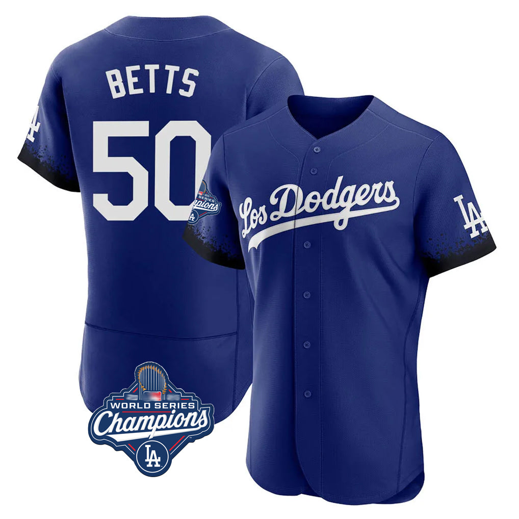 Kooe LA.Dodgers #50 Mookie Betts Player Royal World Series Meet City Connect Elite Home Stitched Jerseys