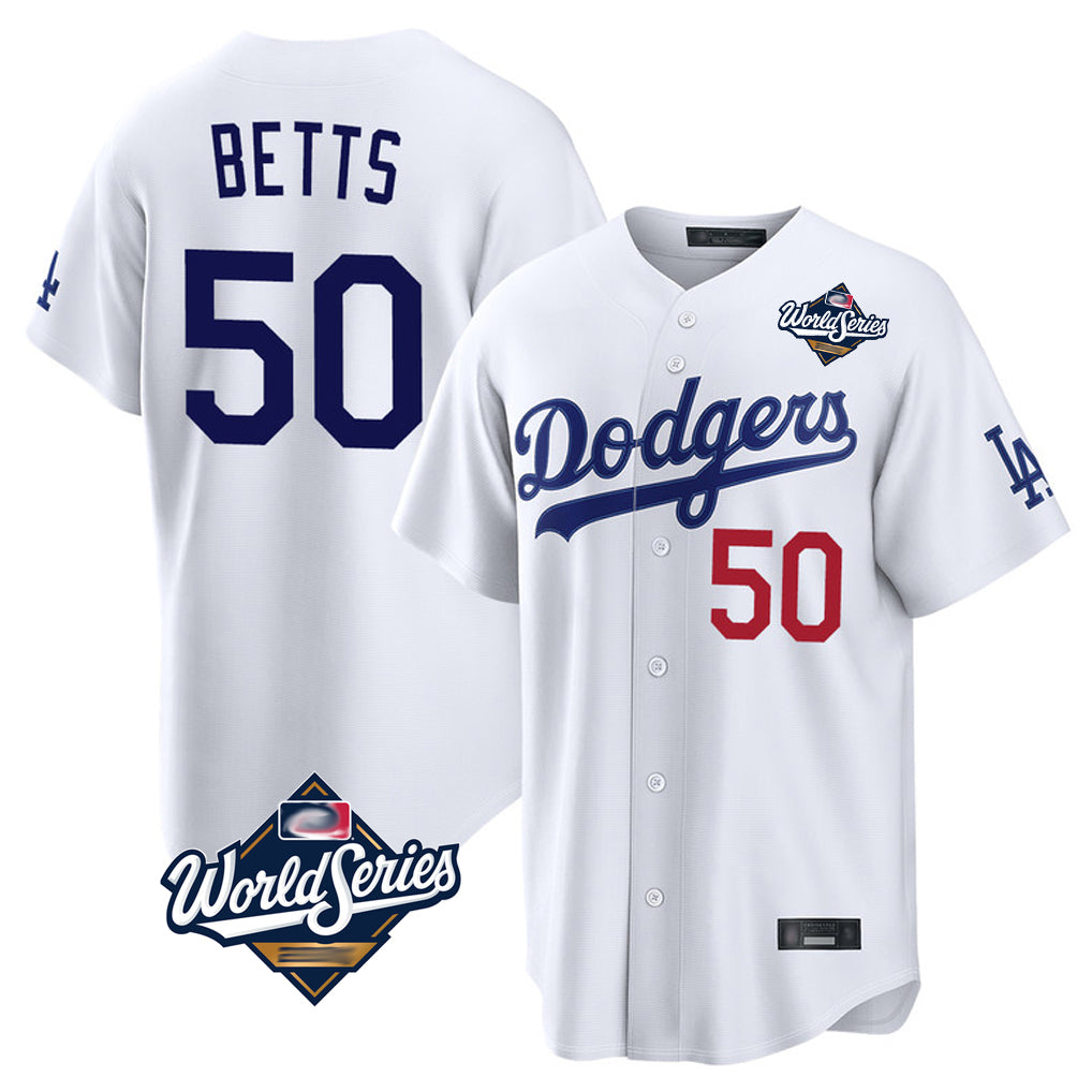 Kooe LA.Dodgers #50 Mookie Betts Player White World Series Home Game Stitched Jerseys