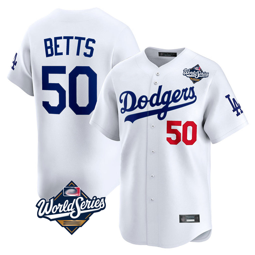 Kooe LA.Dodgers #50 Mookie Betts Player White World Series Limited Home Stitched Jerseys
