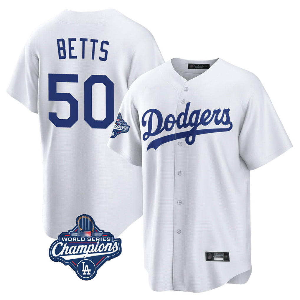 Kooe LA.Dodgers #50 Mookie Betts Player White World Series Meet Game Home Stitched Jerseys