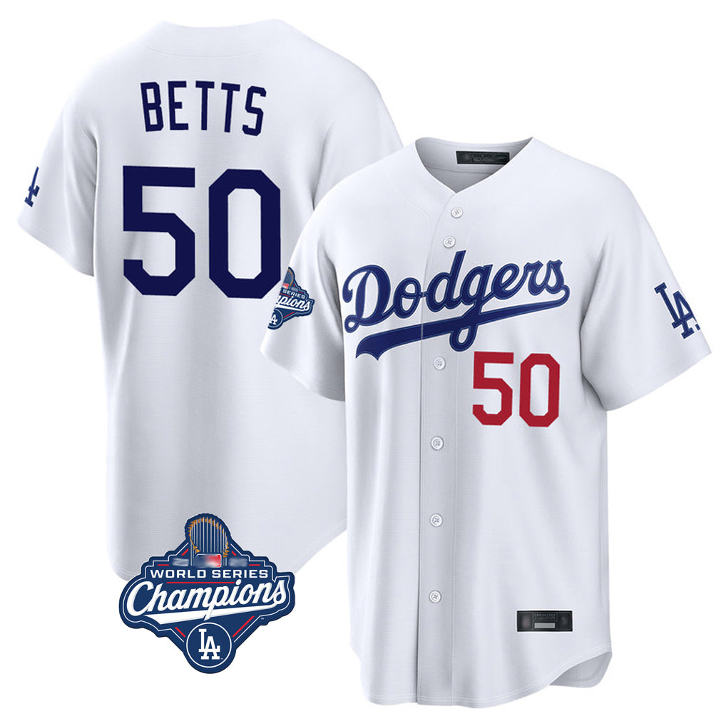 Kooe LA.Dodgers #50 Mookie Betts Player White World Series Meet Home Game Stitched Jerseys