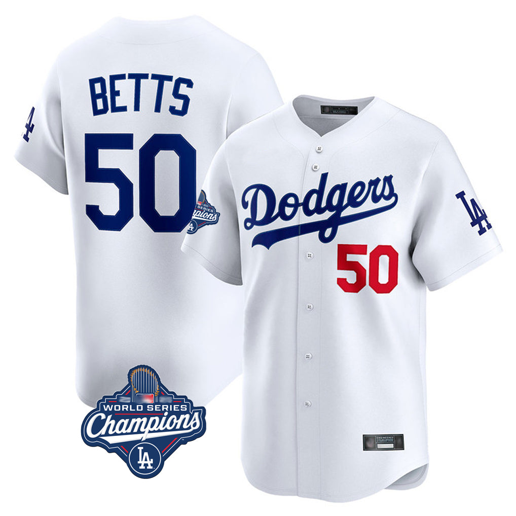 KooeLA.Dodgers #50 Mookie Betts Player White World Series Meet Limited Home Stitched Jerseys