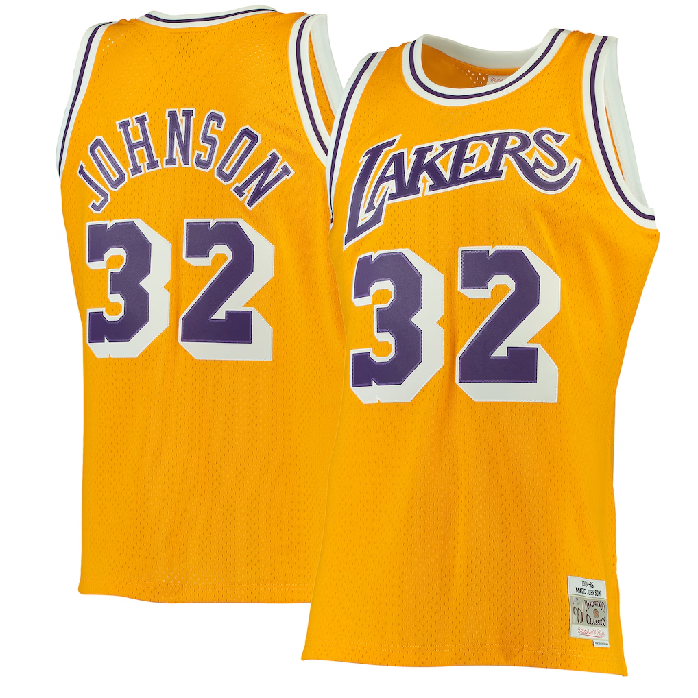 Kooe LA.Lakers #32 Magic Johnson Mitchell & Ness Gold 1984-1985 Hardwood Classics Swingman Jerseys